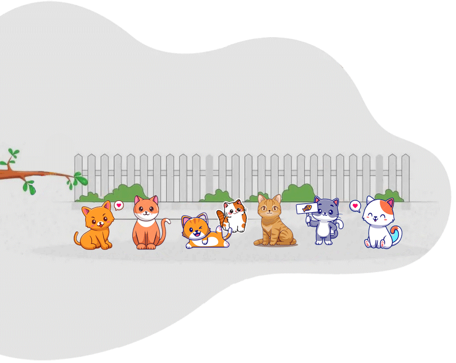 7 cute cats in a play yard with tree branch and a white fence that are happy after Pawlands cat sitting process