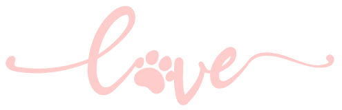 The word love written in cursive and pink with a pawprint in the middle