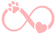 Red infinity symbol with a paw at the top left corner and a heart at the bottom right corner