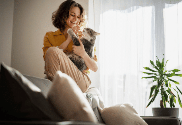 Verified Pawland cat sitter happily playing and bonding with a black cat during a cat sitting session