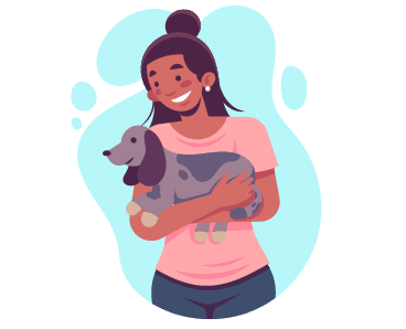 A pet sitter holding a happy pet on her lap, both the girl and the pet are smiling and content.