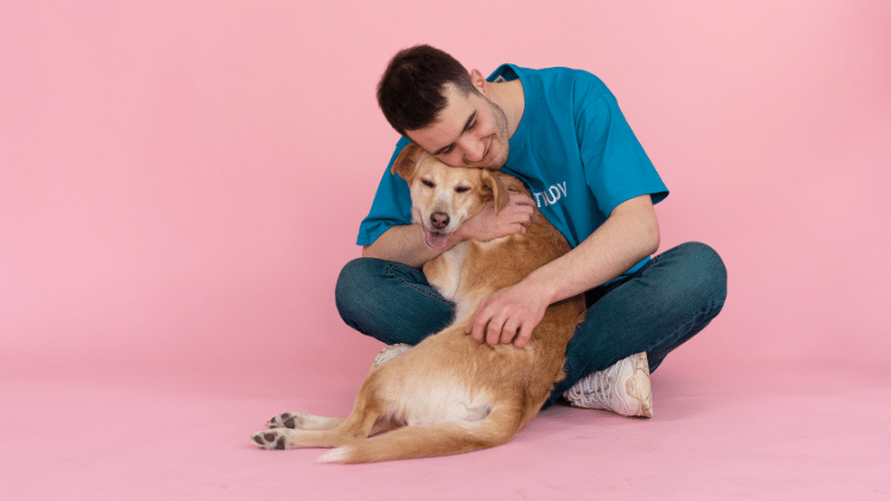 Pet sitter gently holding and caring for a happy dog in her lap