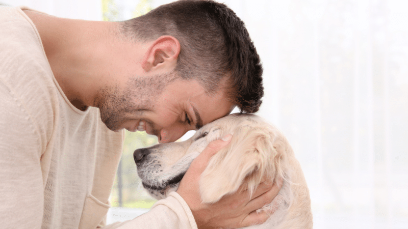 Dog sitter resting her head gently against the dog's head with love