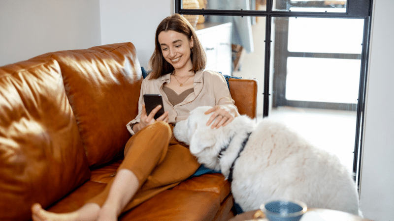 Girl calmly placing a hat on a white dog’s head and the dog  peaceful and happy