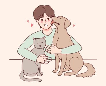 A boy sitting with a dog and a cat, showing a peaceful bond between them