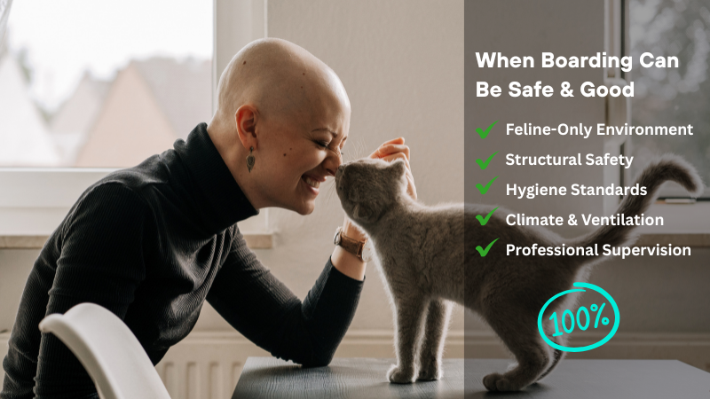 a professional cat sitter with a cat at hobe and explaind in details When Boarding Can Be Safe & Good