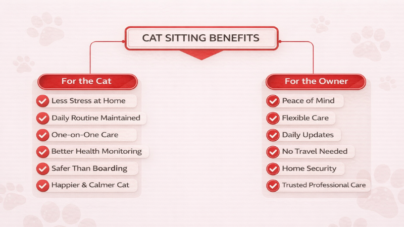 Cat sitting benefits explained for the cat and the owner with personalized in-home care