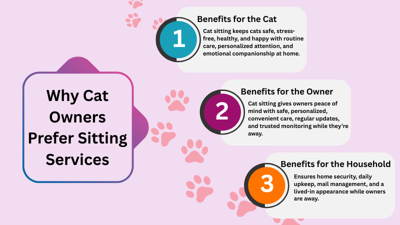Why cat owners prefer sitting services showing benefits for the cat, owner, and household