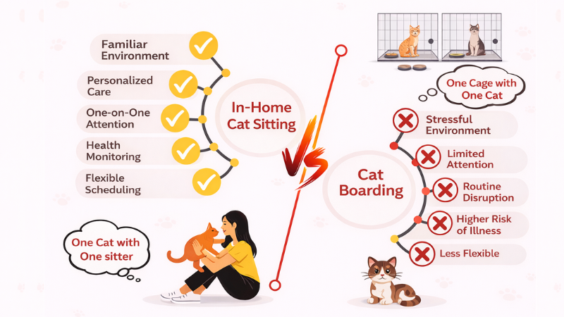 In-home cat sitting vs cat boarding, comparing care, comfort, and personalized attention