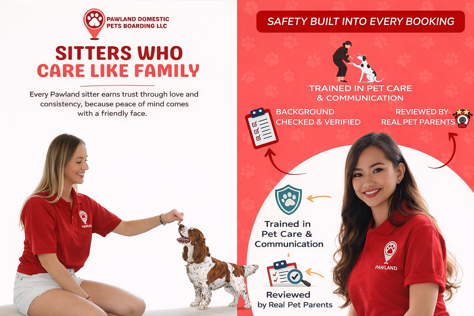 Professional Pawland dog sitter wearing red uniform gently feeding a small dog, showing trusted and loving pet care like family.