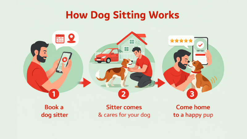 Cartoon showing how dog sitting works with caring sitter and happy dog