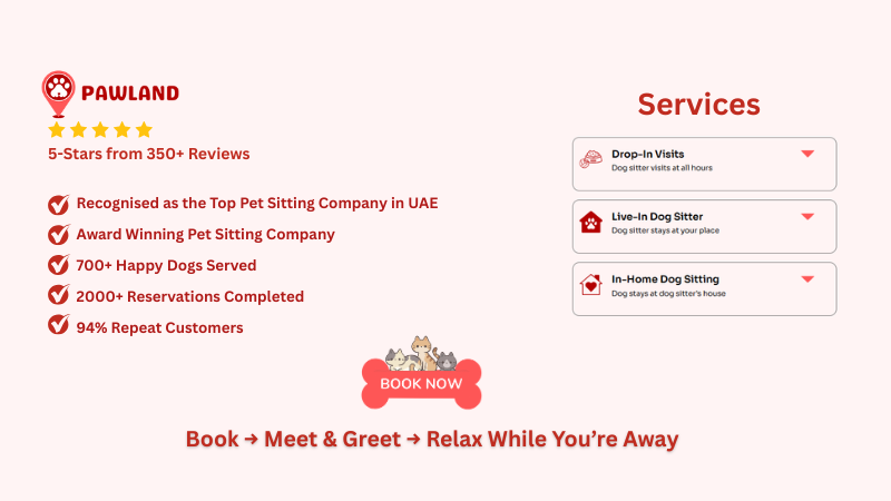 Pawland dog sitting services including drop-in visits, live-in pet sitting, in-home dog sitting, with booking logo