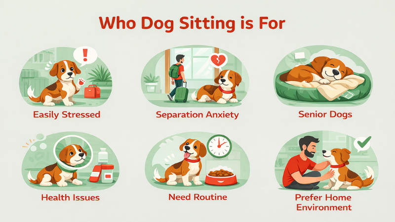 Cartoon of cat sitter arriving at home to take care of cats