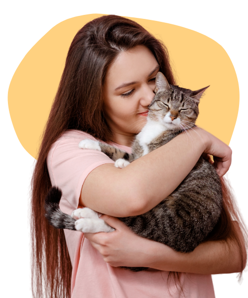 Girl happily holding a cute brown cat in her arms
