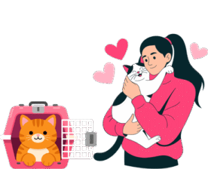 One cat being held by a sitter, another cat sitting in a cage