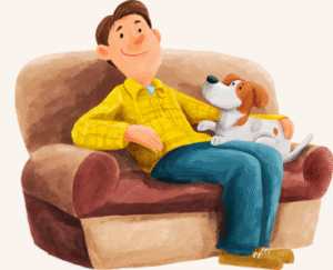 A dog and a dog sitter sitting together comfortably on a sofa inside the sitter’s home, showing calm and friendly pet care