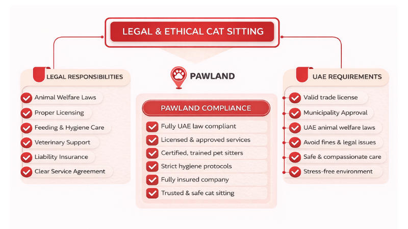 Legal and ethical aspects of cat sitting in UAE, showing Pawland’s compliance and guidelines
