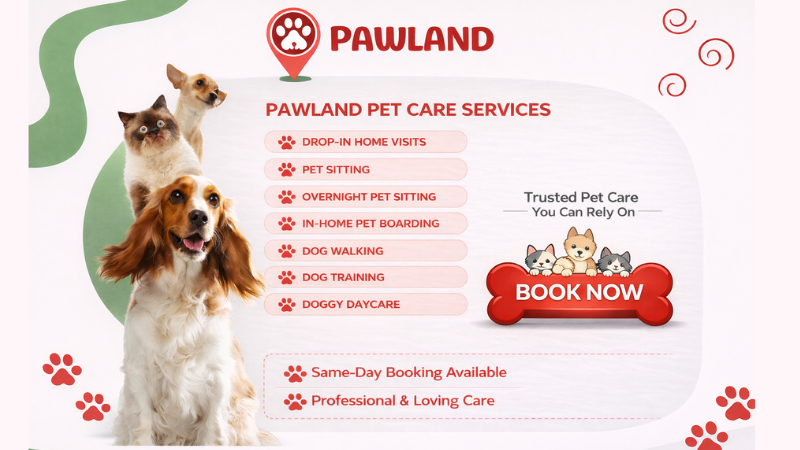 Pawland pet care services showing full services with two dogs and one cat and a book now button