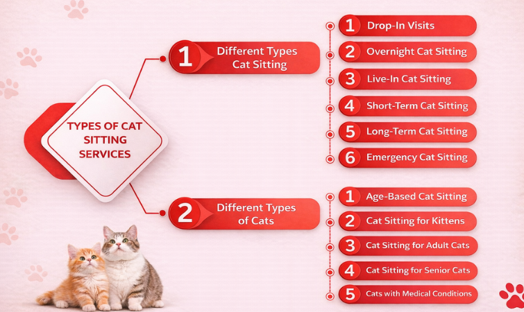Types of cat sitting services showing different sitting options and care for different types of cats
