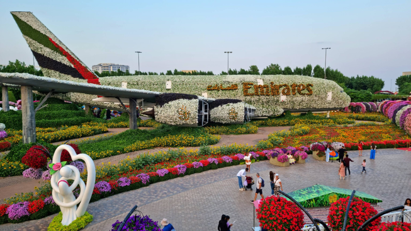Emirates A380 floral airplane display at Dubai Miracle Garden in Dubai