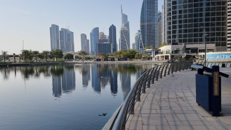 Jumeirah Lake Towers full view with lake