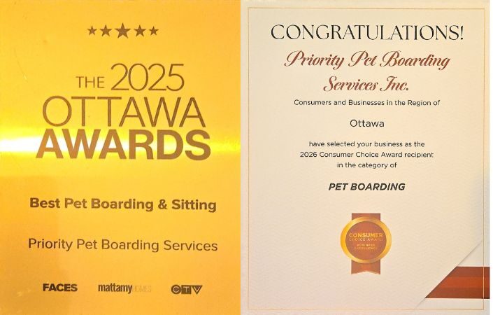 Priority Pet Boarding Services Inc. award certificates for best pet boarding in Ottawa.