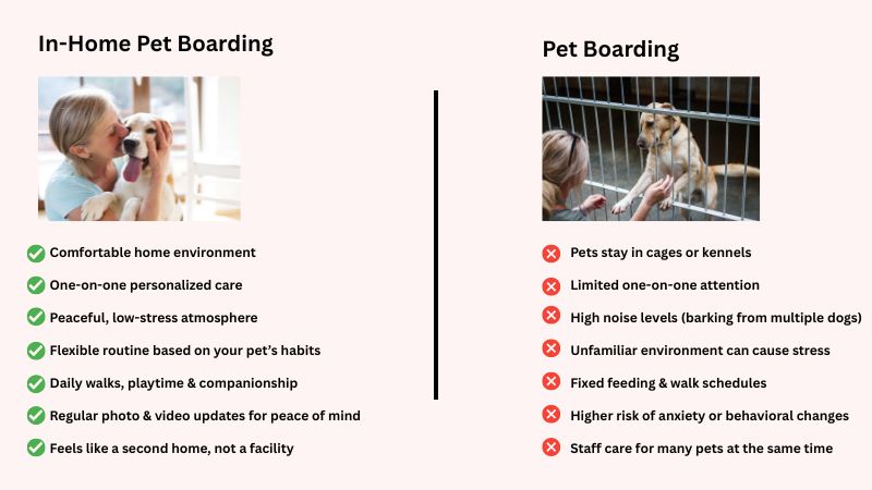 In-home pet boarding vs traditional pet boarding comparison explained in text format.