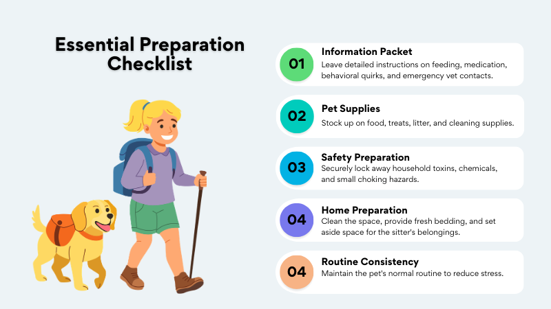 Essential pet sitting preparation checklist explained with a girl and a dog sitter traveling