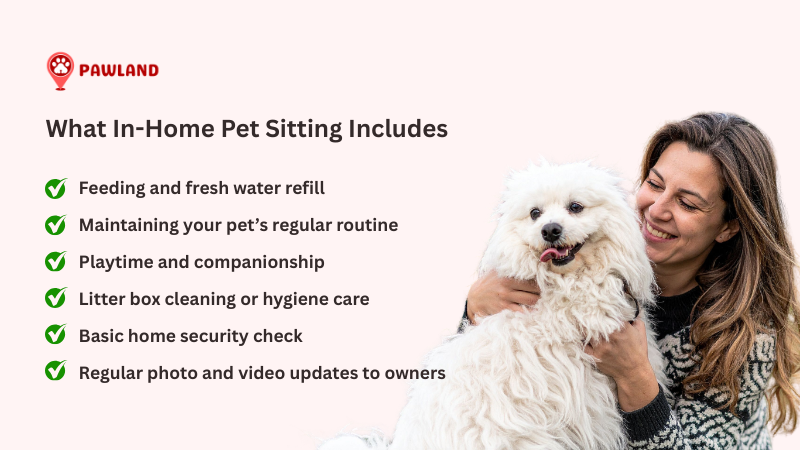 What In-Home Pet Sitting Includes explained by text