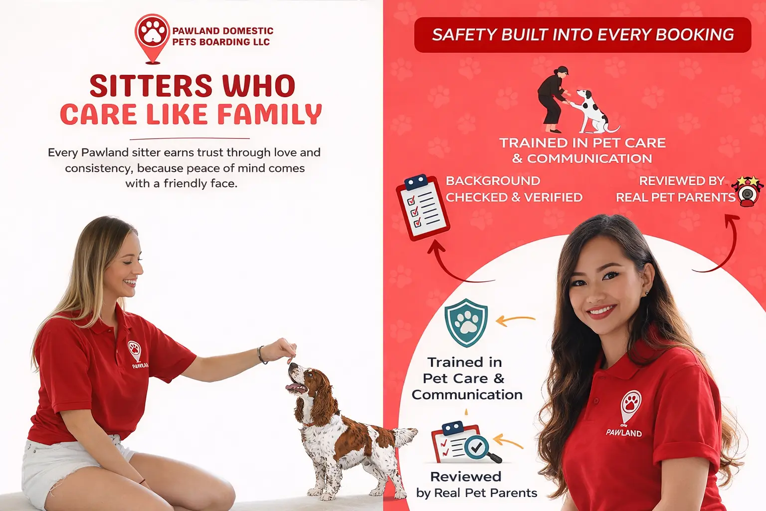 Professional Pawland dog sitter wearing red uniform gently feeding a small dog, showing trusted and loving pet care like family.