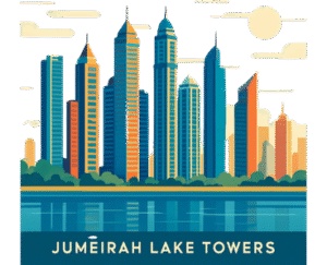 jumeirah lake towns full view cartton art in font of lake