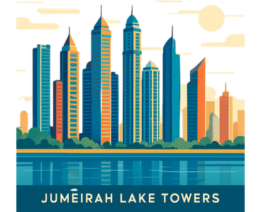 jumeirah lake towns full view cartton art in font of lake