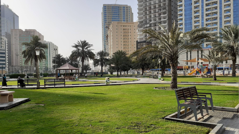 Full green landscape view of Al Nahda Park Dubai with trees, lawns, and walking paths