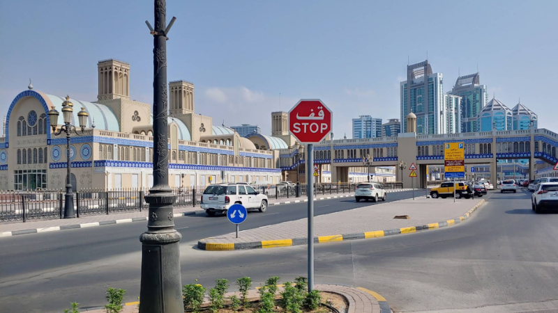 Road with cars passing beside Al Nahda Park in Sharjah with green park view