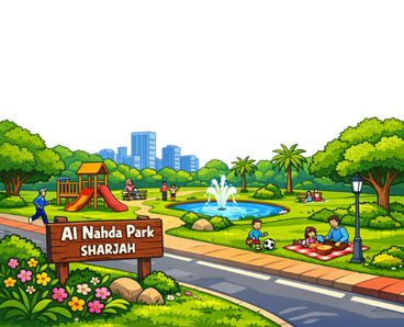 Cartoon-style illustration of Al Nahda Park with green trees, walking paths, and a colorful park landscape
