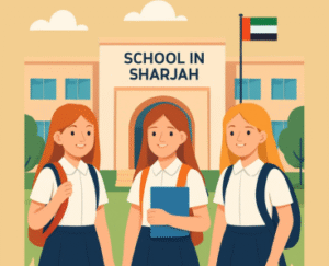 3 girls students stay in front of school gate in sharjah