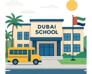 dubai school where a school bus in font of school
