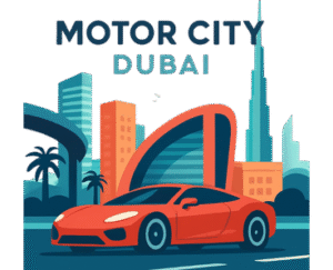 the art image of motor city dubai with a red car in back a few building