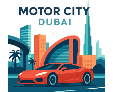 the art image of motor city dubai with a red car in back a few building