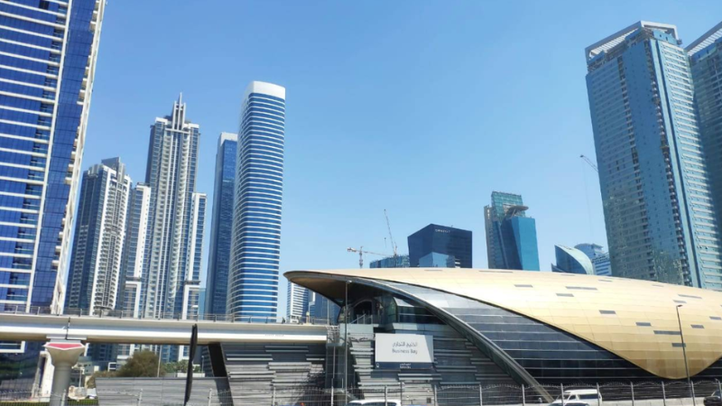 Dubai Metro station at Business Bay Dubai with modern architecture, busy commuters, and easy access to the city’s central business district