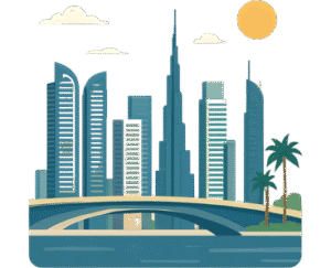 Artistic view of Business Bay Dubai skyline with tall modern skyscrapers under a glowing sun, showcasing a vibrant urban landscape.