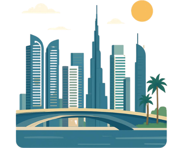 Artistic view of Business Bay Dubai skyline with tall modern skyscrapers under a glowing sun, showcasing a vibrant urban landscape.