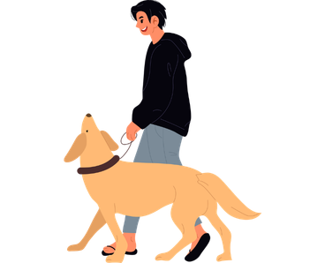 A young man walking his dog on a leash while the dog looks up at him with focus and engagement during a mental stimulation walk.