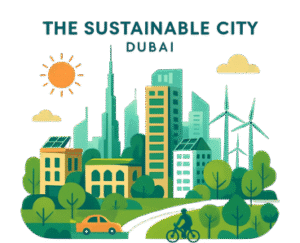 Baby cycling on a green road at The Sustainable City Dubai with solar panels on eco-friendly buildings