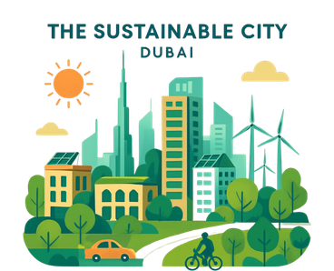 Baby cycling on a green road at The Sustainable City Dubai with solar panels on eco-friendly buildings