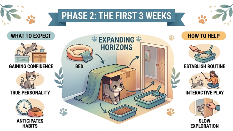 Cat Phase 2: First 3 weeks, establishing routines and interactive play for confidence.