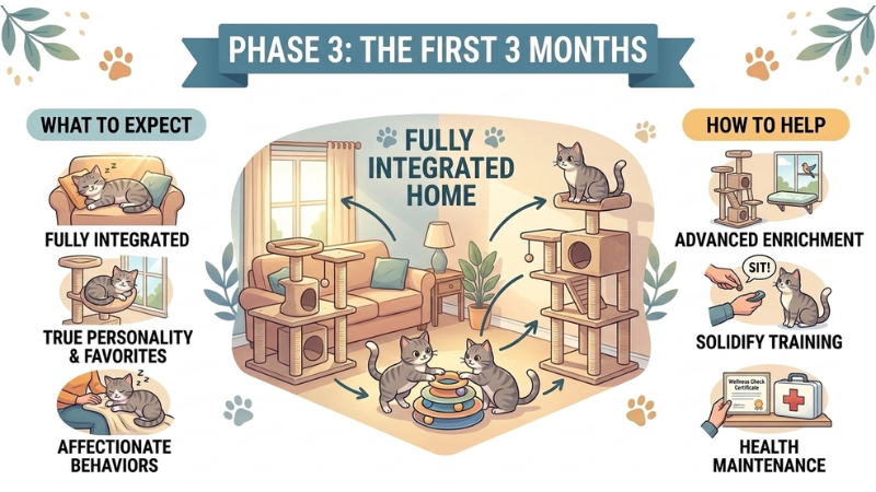 Cat Phase 3: First 3 months, full integration, advanced enrichment, and health checks.
