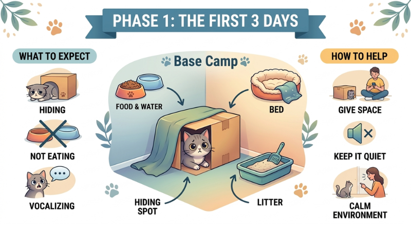 Cat Phase 1: First 3 days, creating a base camp and safe space for a new cat.