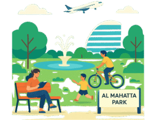 Children playing while a girl reads a book at Al Mahatta Park, Sharjah