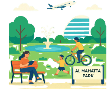 Children playing while a girl reads a book at Al Mahatta Park, Sharjah